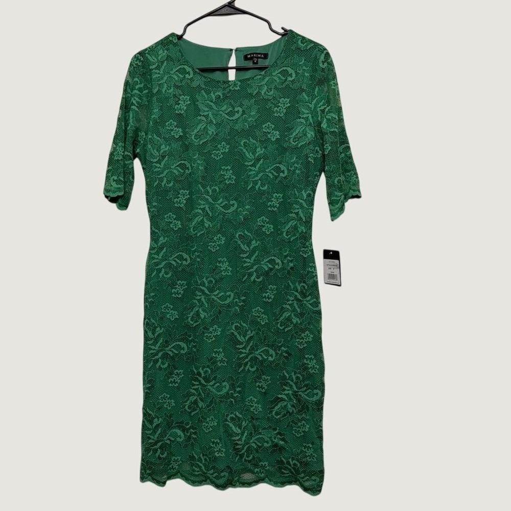 Marina‎ Womens Kelly Green Floral Lace Sheath Dress Elbow Sleeve NWT Size M